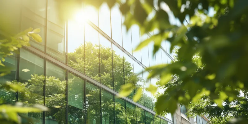 Glass office building reflecting trees and sunlight in urban setting