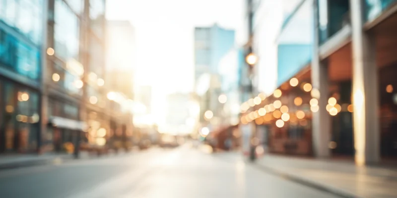 Blurred urban street with glass buildings and warm bokeh lights at sunset