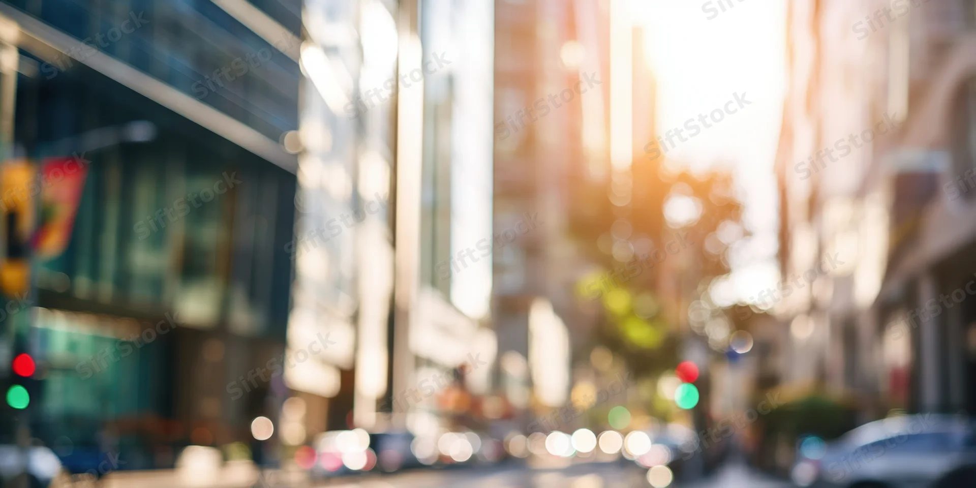 Blurred urban street with glass buildings and soft sunlight during golden hour