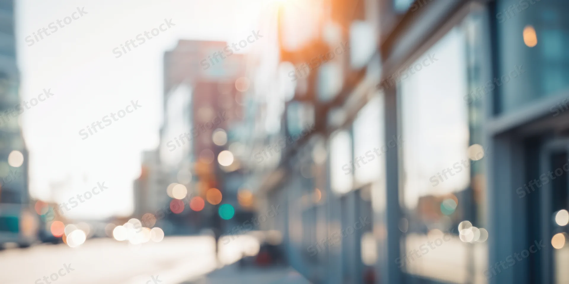 Sunlit urban street with glass-fronted buildings and soft bokeh lights in the background