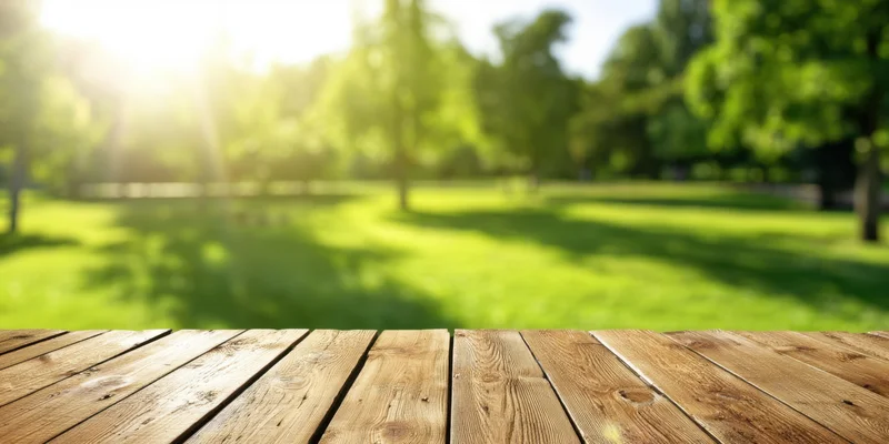 Wooden table in a sunlit park with green grass and trees in the background