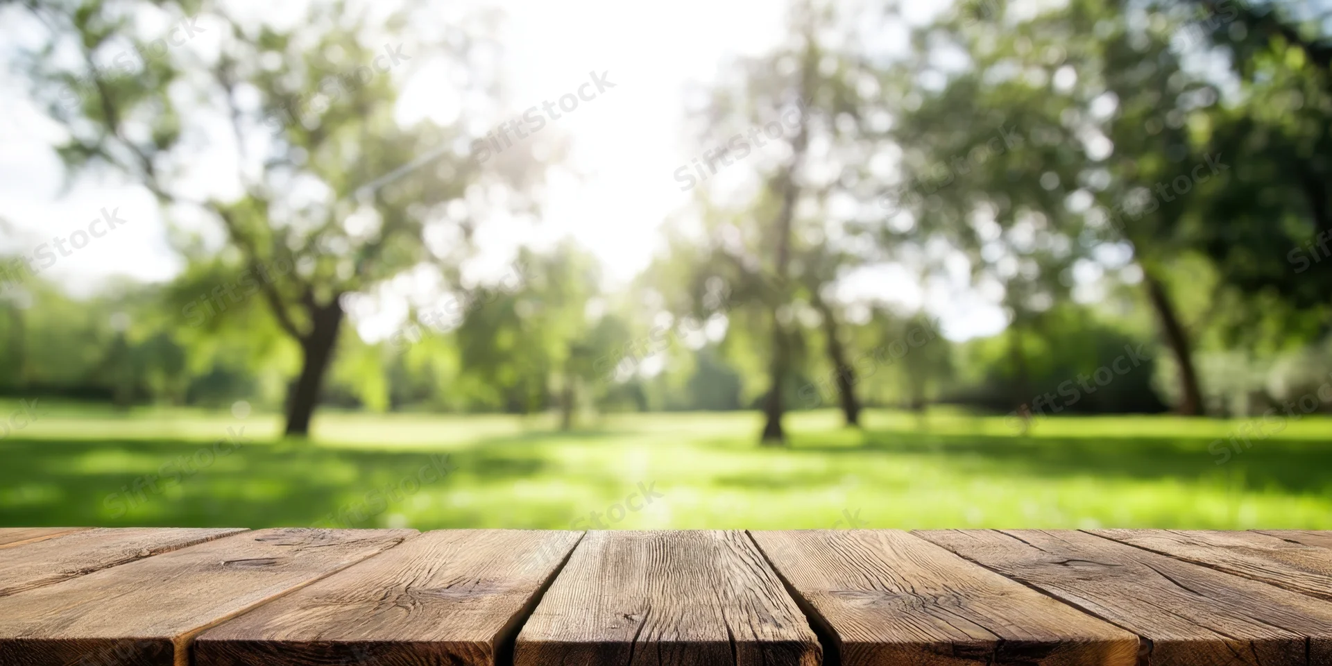 Wooden tabletop in a sunlit park with blurred greenery in the background