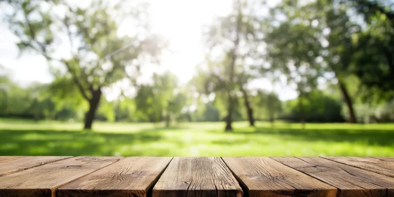 Wooden tabletop in a sunlit park with blurred greenery in the background