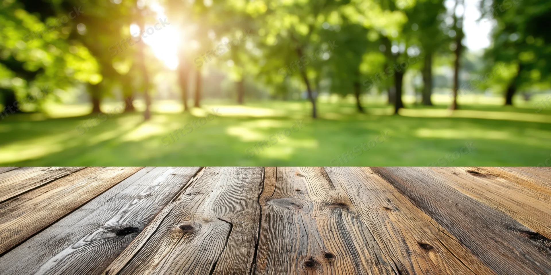 Wooden tabletop in a sunlit park with blurred green trees and grass in the background