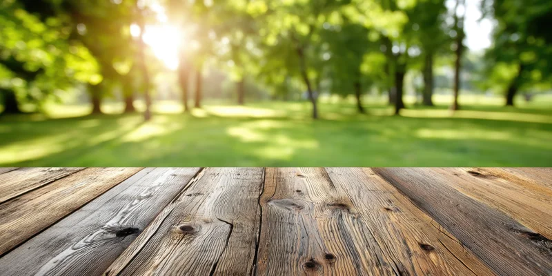 Wooden tabletop in a sunlit park with blurred green trees and grass in the background