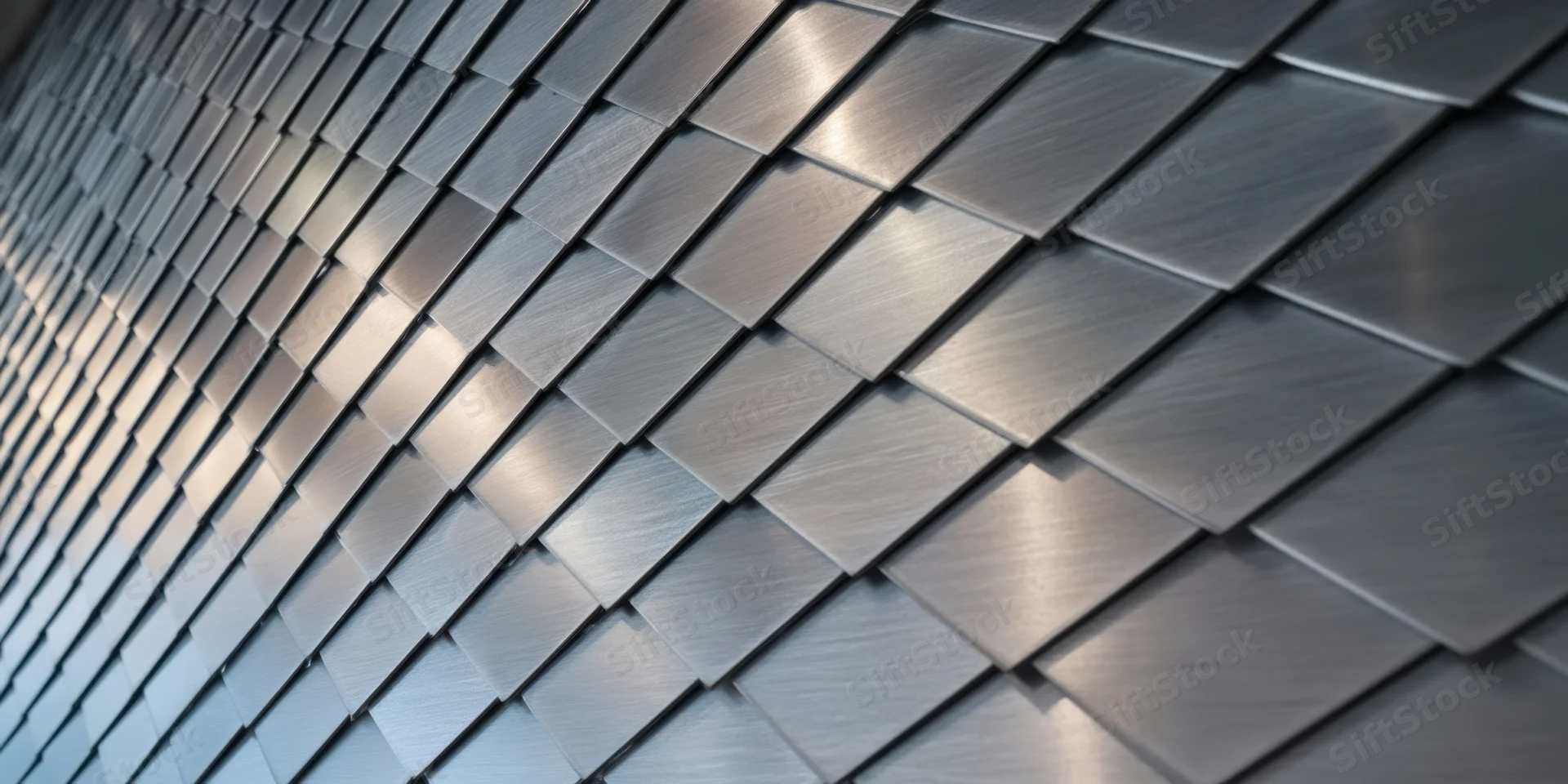 Overlapping diamond-shaped metal tiles forming a textured wall surface