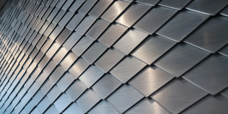 Overlapping diamond-shaped metal tiles forming a textured wall surface