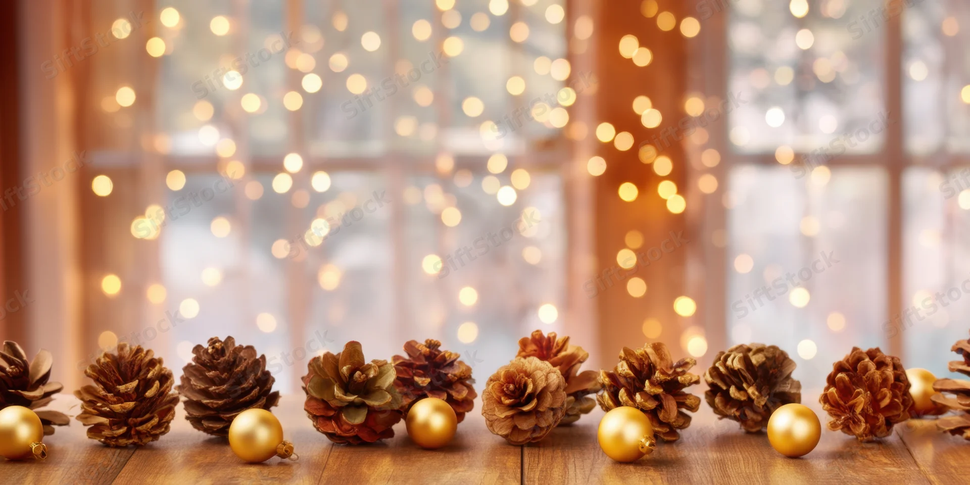 Pinecones and golden ornaments arranged on a wooden table in front of a window with blurred holiday lights and snow outside