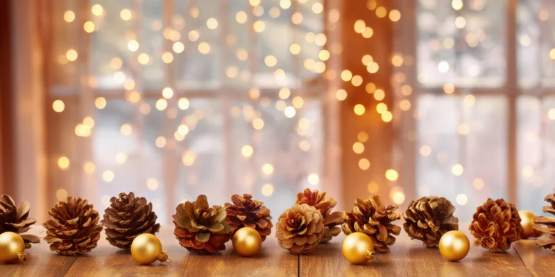Pinecones and golden ornaments arranged on a wooden table in front of a window with blurred holiday lights and snow outside