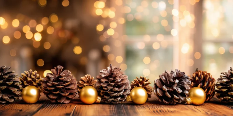 Pinecones and gold ornaments arranged in a row on a wooden table with blurred festive lights in the background