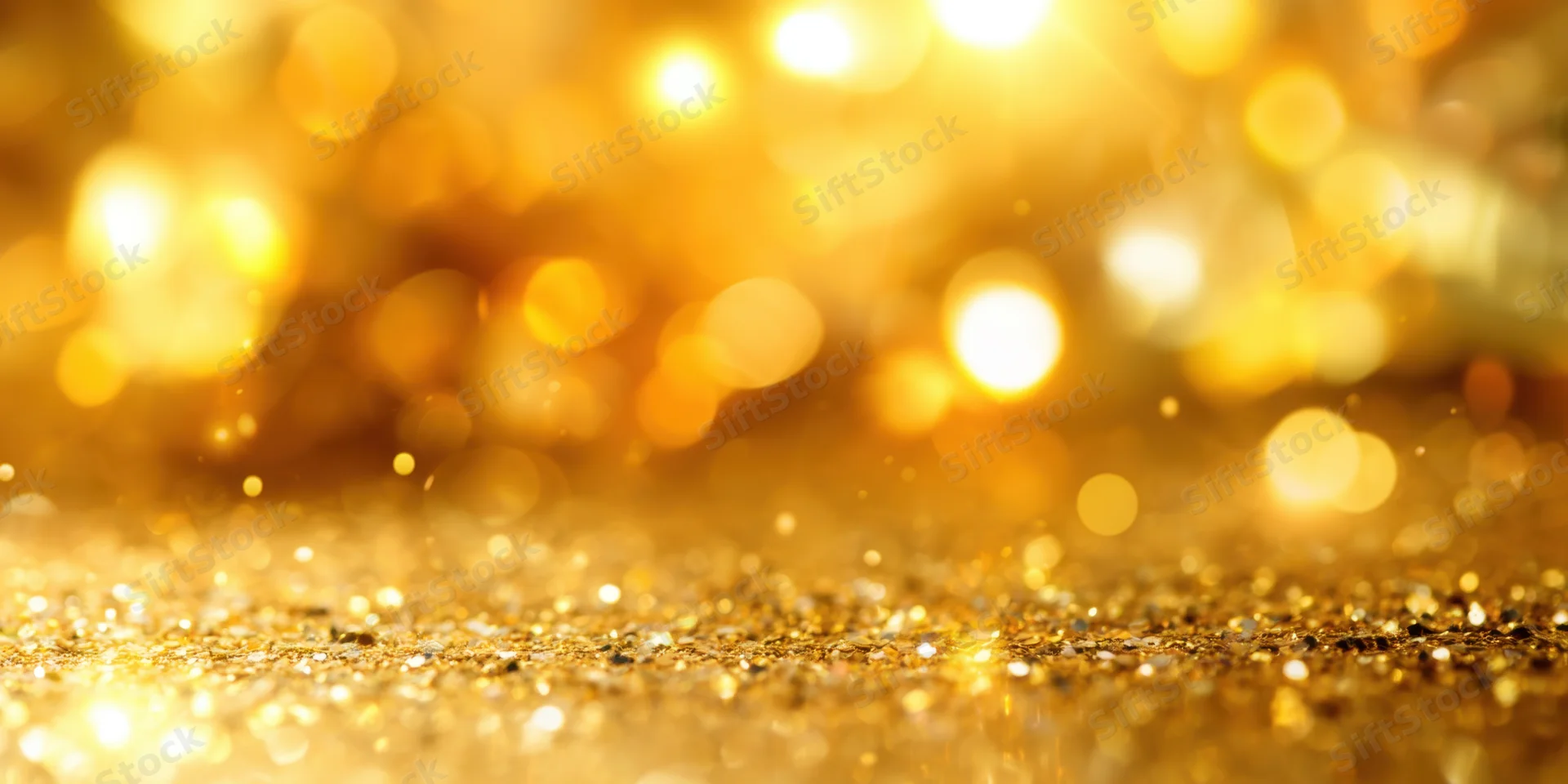 Golden glitter particles scattered across a surface with warm bokeh lights in the background