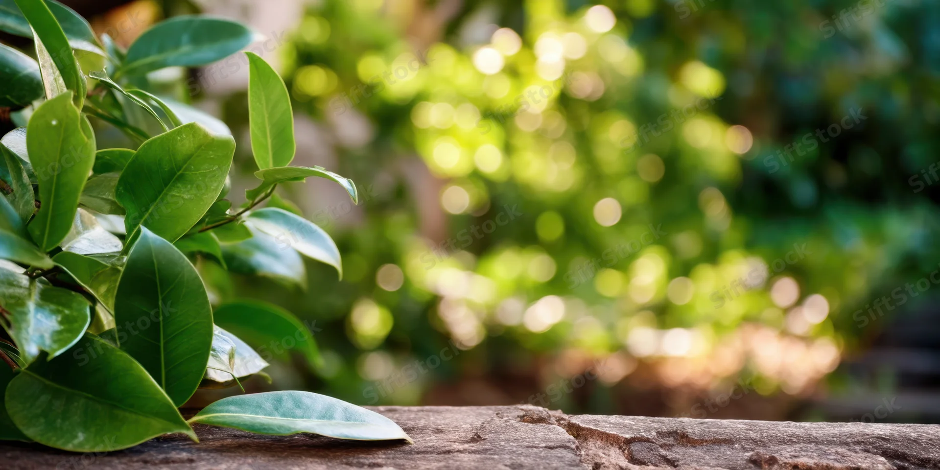 Green leaves resting on a weathered stone surface in a garden setting
