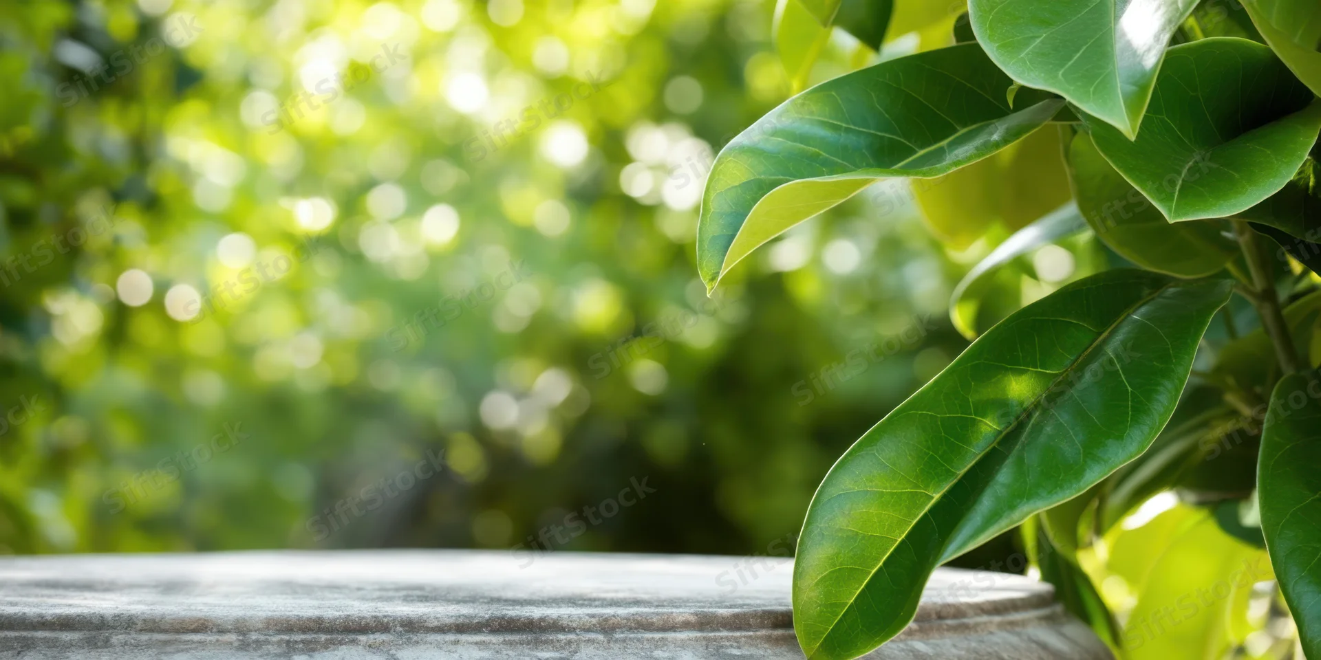 Weathered stone surface in a garden framed by green foliage with bokeh background and copyspace