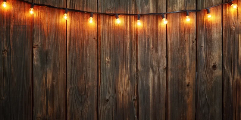 Weathered wooden planks with string lights glowing warmly along the top edge