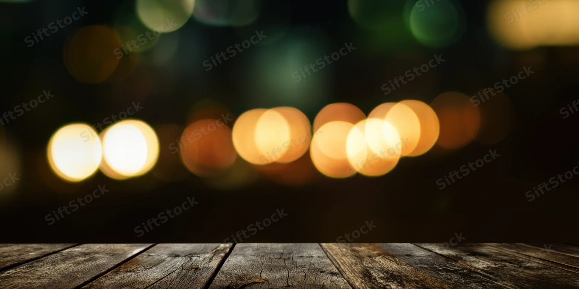 Weathered wooden table in foreground with warm blurred lights in background