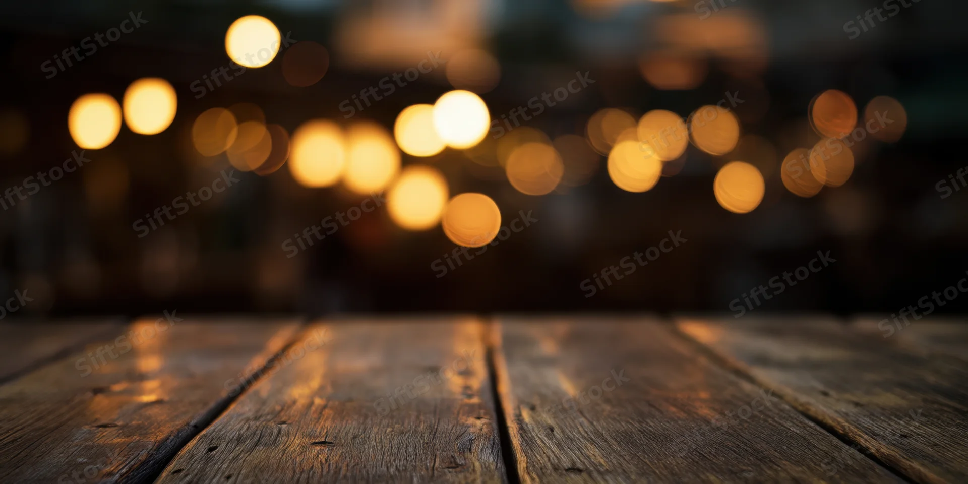 Weathered wooden table in foreground with warm bokeh lights in background