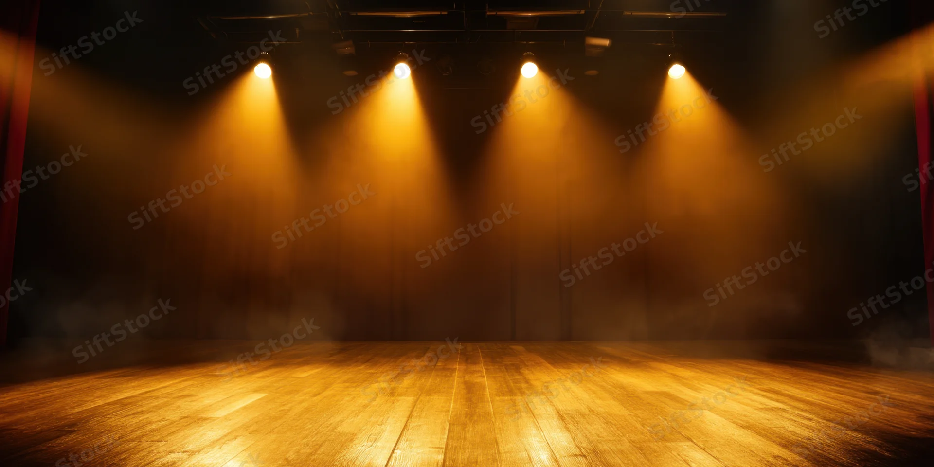 Empty theater stage illuminated by warm golden spotlights with smoke and wooden floor