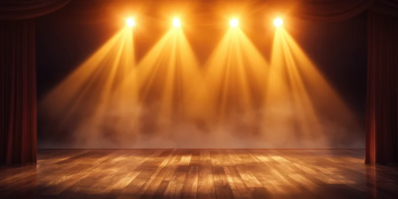 Empty theater stage illuminated by warm golden spotlights with red curtains and wooden floor