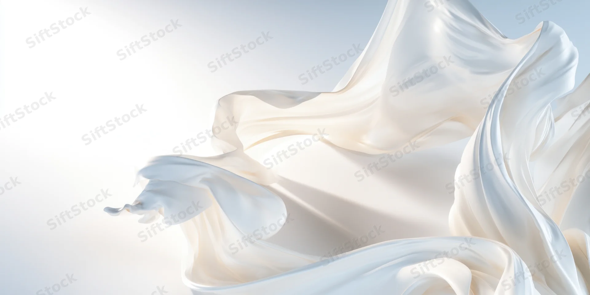 Flowing white silk fabric curling in motion against a light gradient background