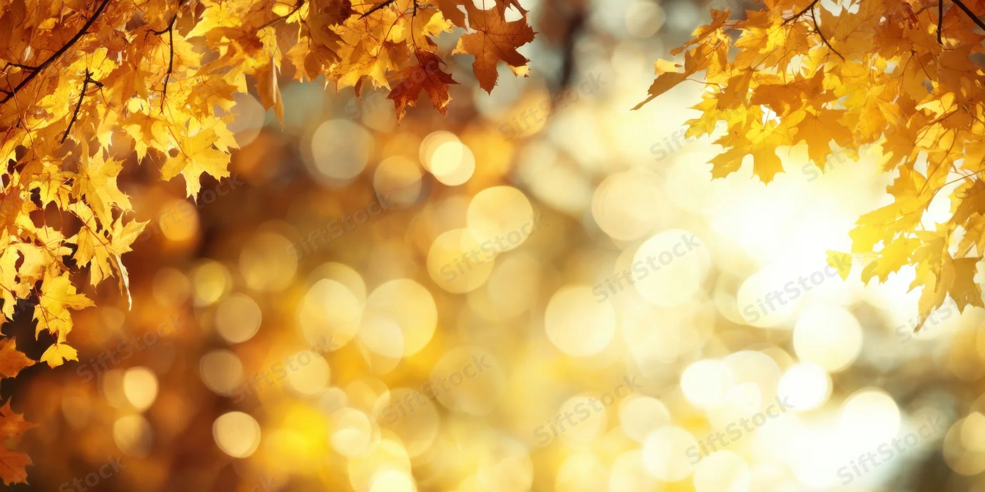 Golden maple leaves framing a sunlit bokeh background in autumn foliage