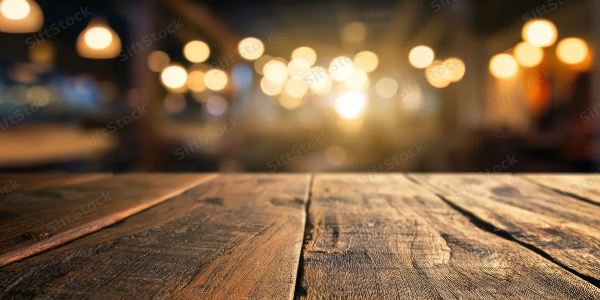 Wooden tabletop in sharp focus with blurred warm lights in background