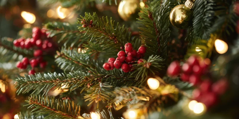 Close-up of evergreen branches with red berries and gold ornaments lit by warm holiday lights