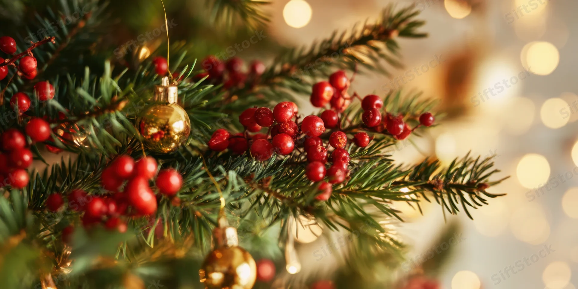Closeup of evergreen branches with red berries and gold ornaments decorated for christmas holiday display