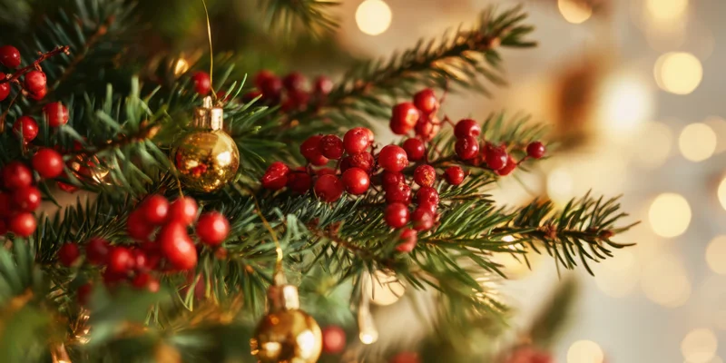 Closeup of evergreen branches with red berries and gold ornaments decorated for christmas holiday display
