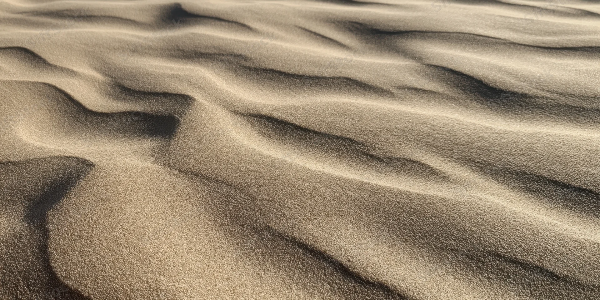 Wind-swept desert sand forming rippled dunes across an arid landscape