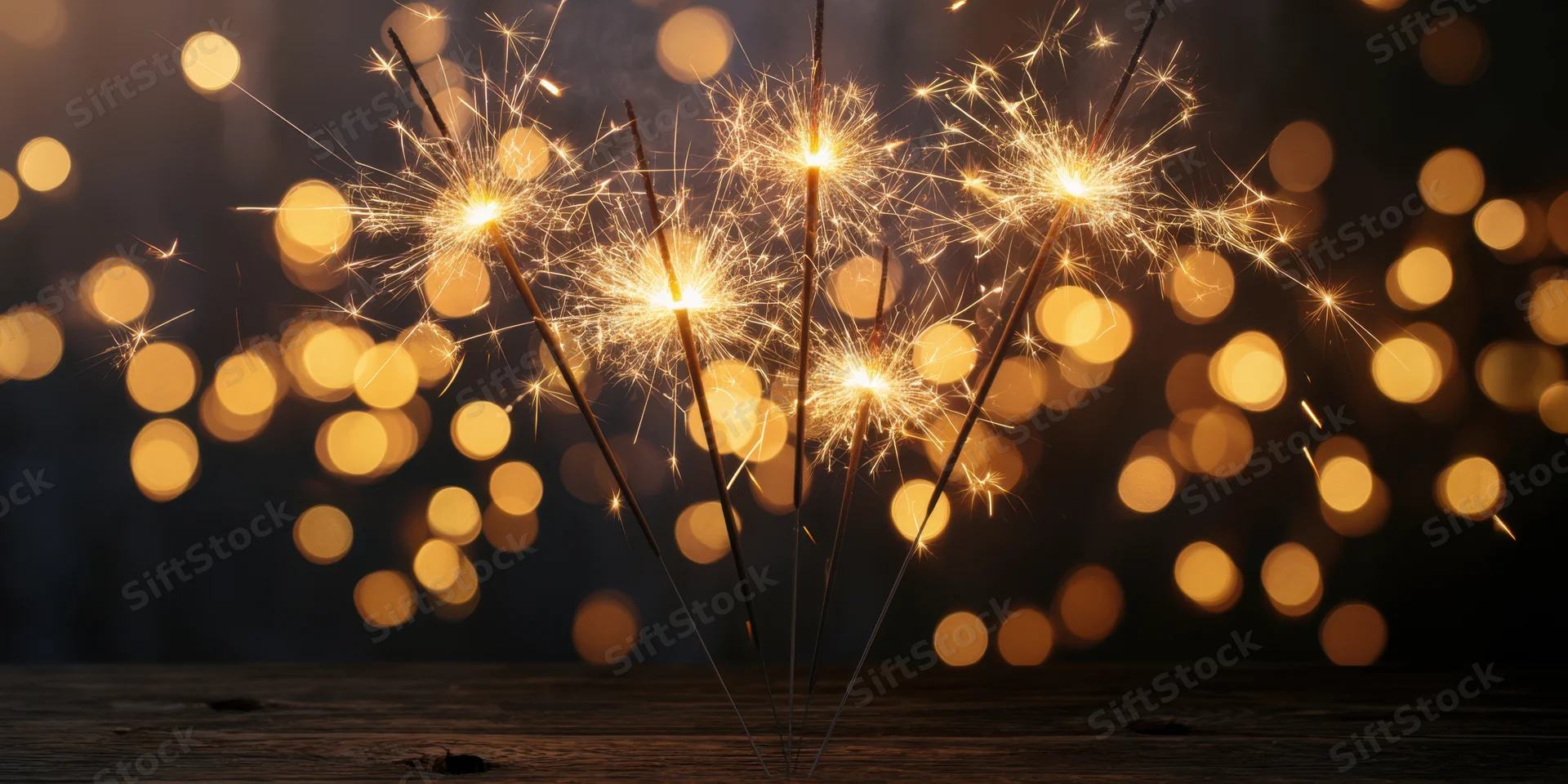 Glowing sparklers arranged in a cluster on a dark wooden surface with bokeh lights in the background