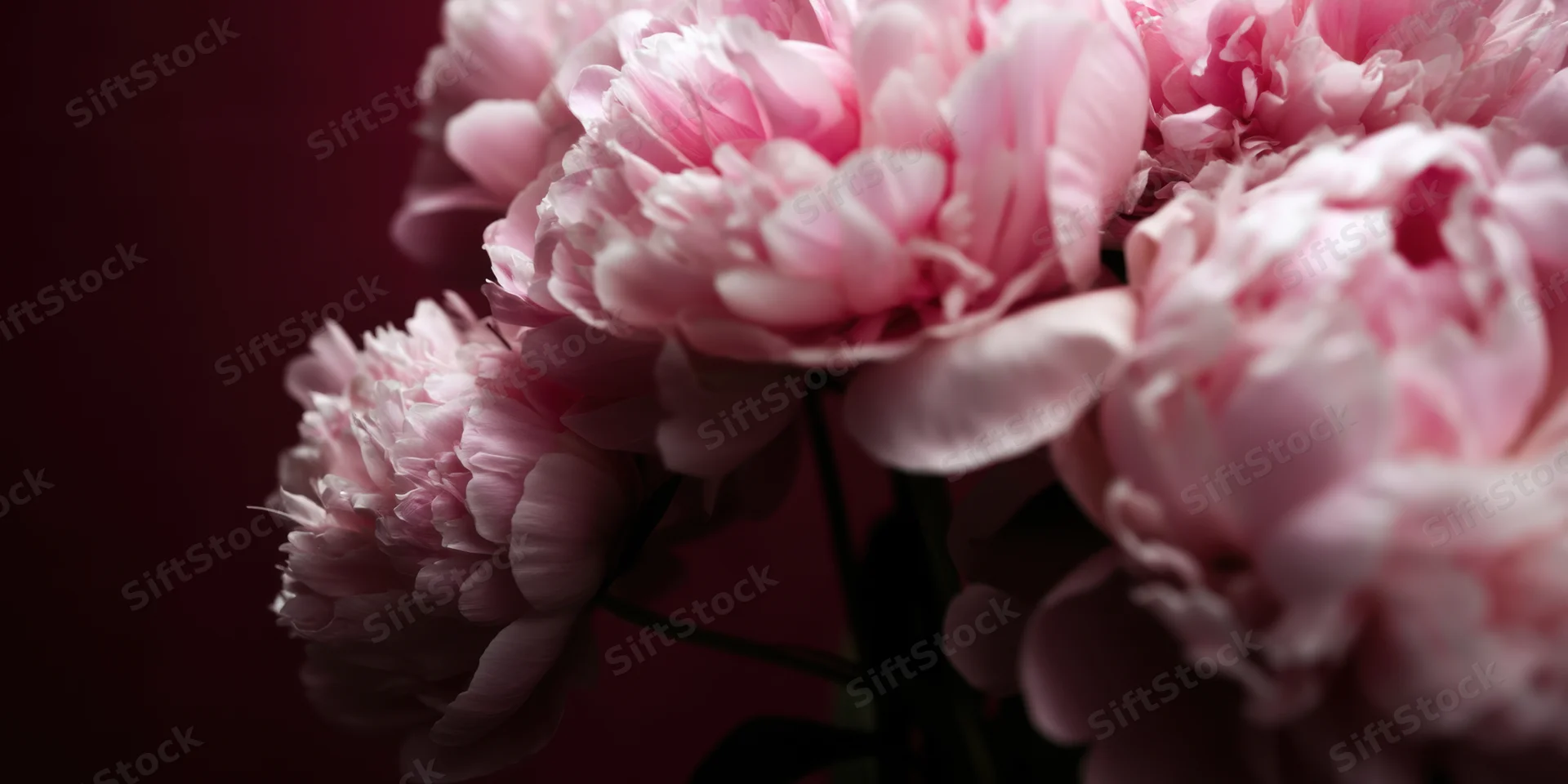 Close-up of pink peonies in full bloom with layered petals against dark background