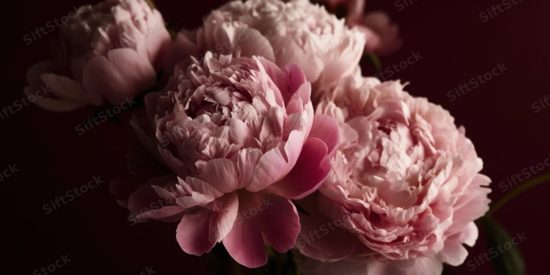 Close-up of pink peonies in full bloom with layered petals against dark background