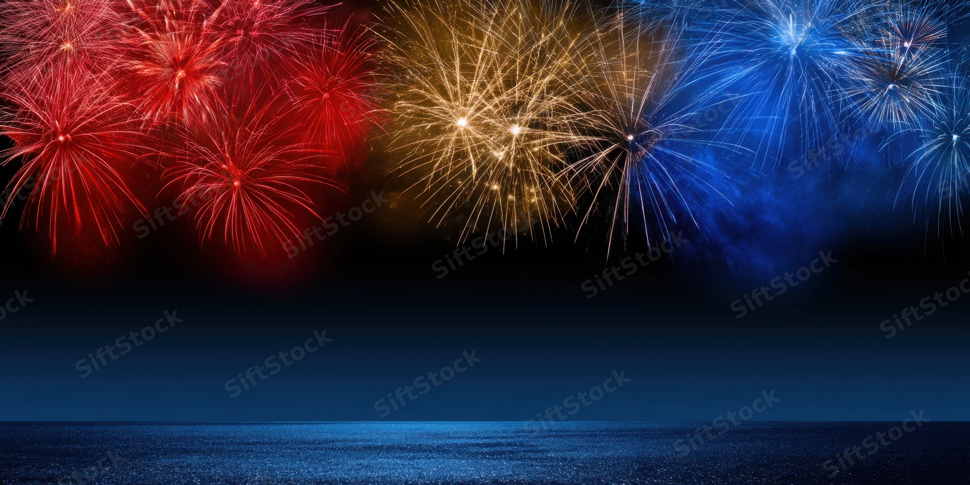 Colorful fireworks bursting overhead over dark ocean at night