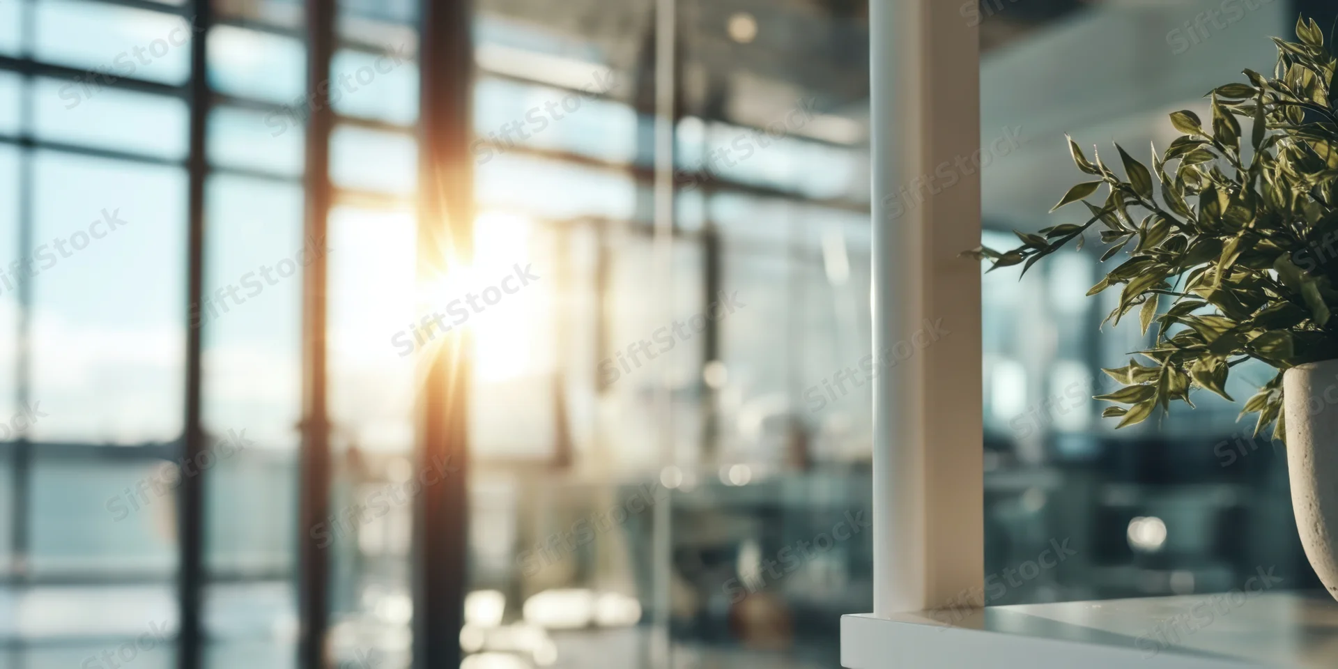 Green plant on white shelf in modern office interior with sunlight through large windows