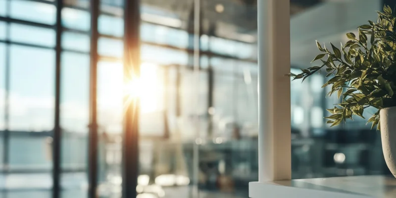 Green plant on white shelf in modern office interior with sunlight through large windows