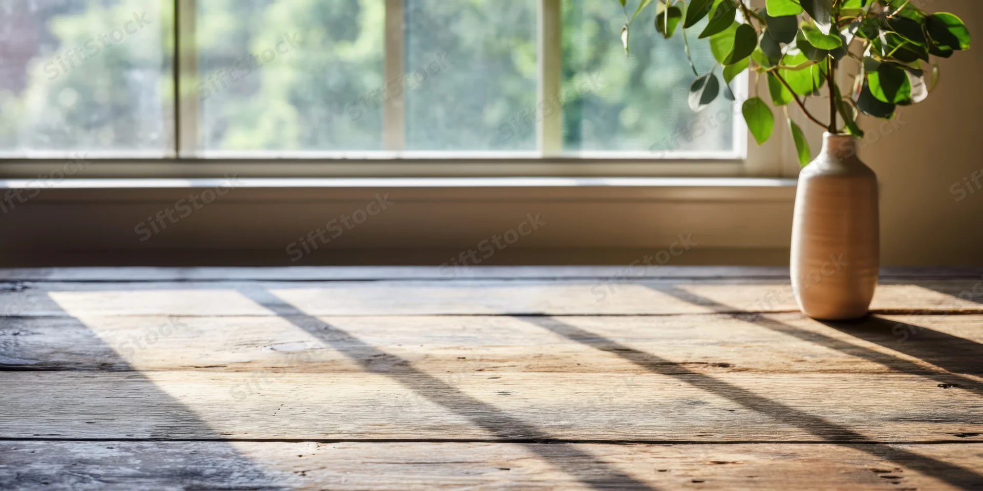 Sunlight filtering through a window casts diagonal beams across a wooden floor beside a vase with green leaves