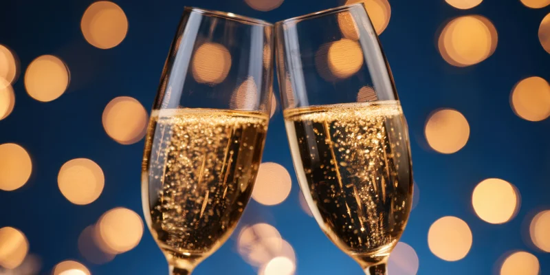 Two champagne flutes clinking in a toast with golden bubbles rising against a blue bokeh light background