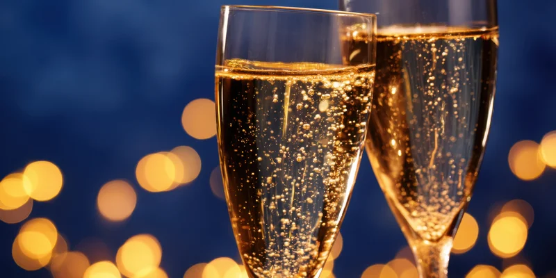 Two champagne flutes clinking with golden bubbles rising against a blue bokeh background