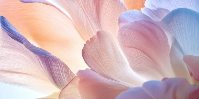 Closeup of pastel flower petals in peach pink and lavender hues arranged in soft overlapping layers