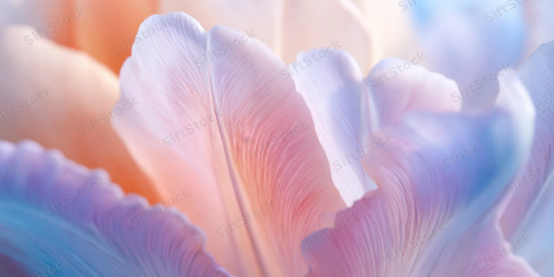 Closeup of pastel flower petals in peach pink and lavender hues with soft focus and blurred background