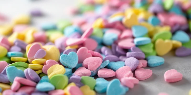 Pastel heart-shaped candy sprinkles scattered on a gray surface with copyspace
