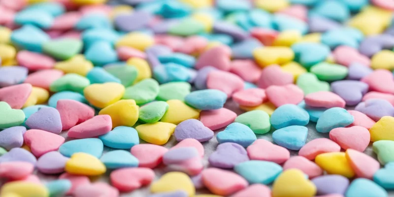 Pastel heart-shaped candy sprinkles scattered densely on a flat surface