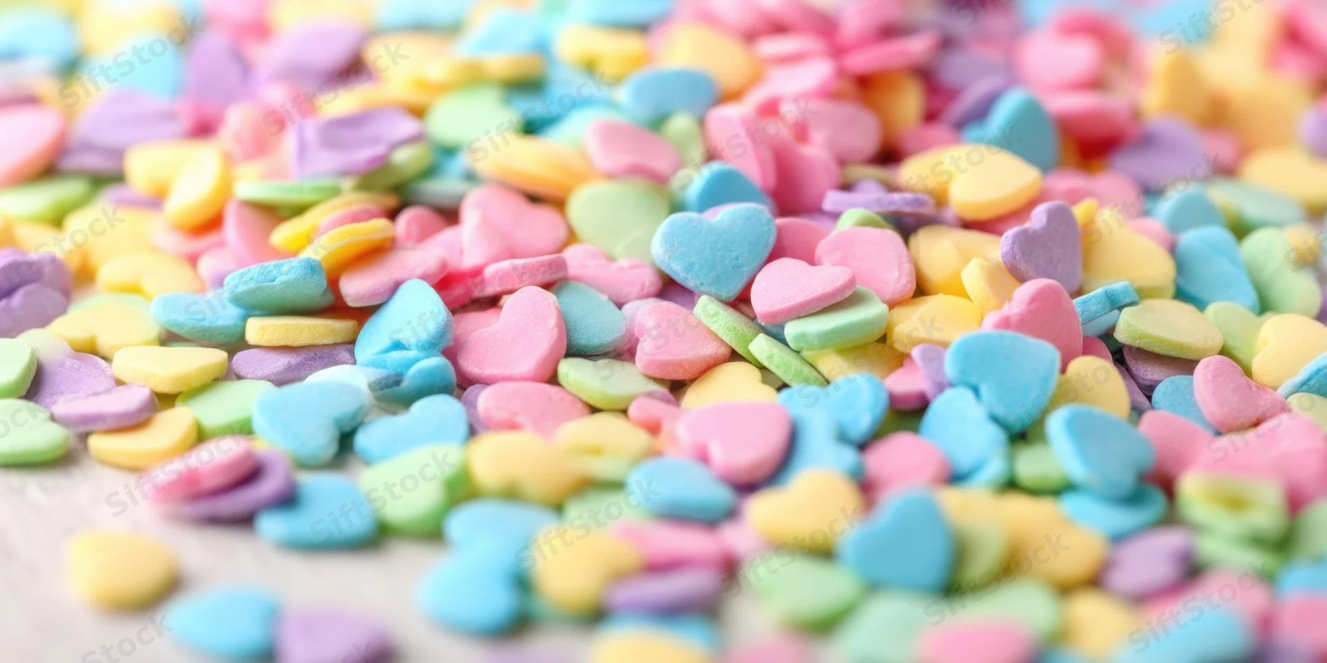Pastel heart-shaped candy sprinkles scattered on a light surface in close-up view