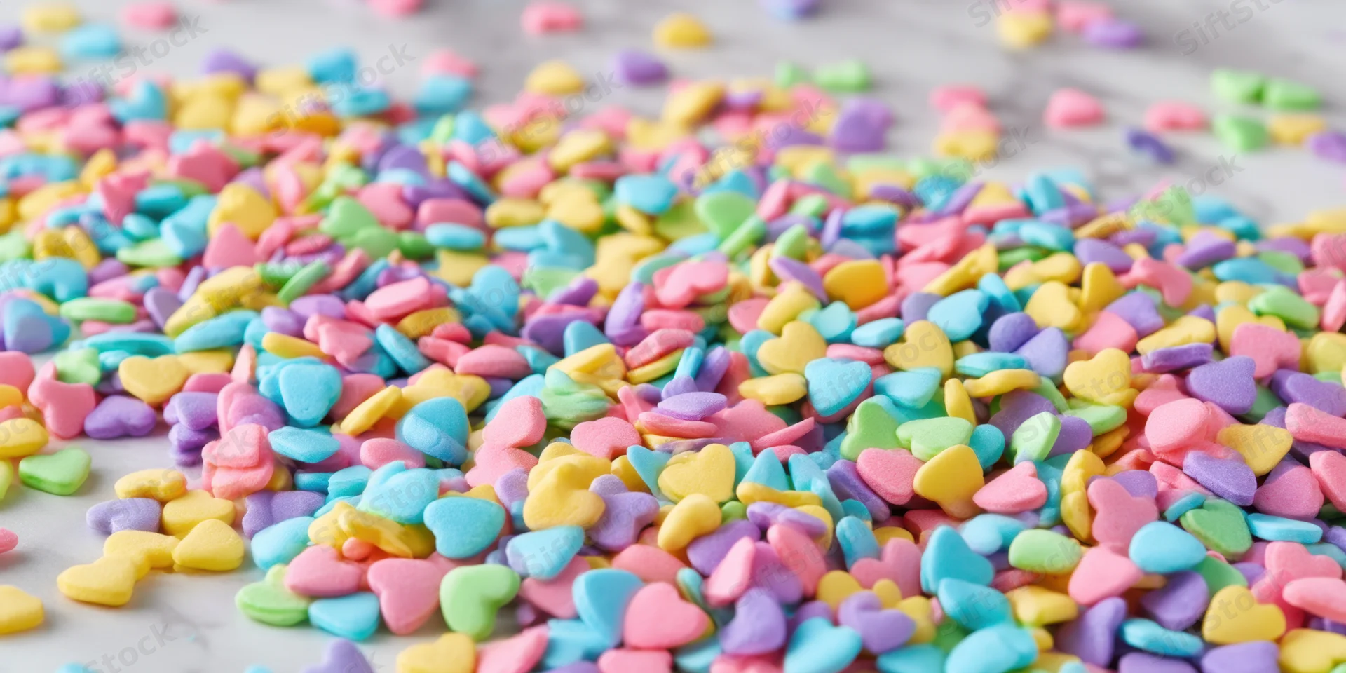 Pastel heart-shaped candy sprinkles scattered on a marble surface