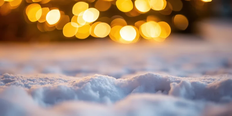 Snow-covered ground in foreground with warm bokeh lights in background at night