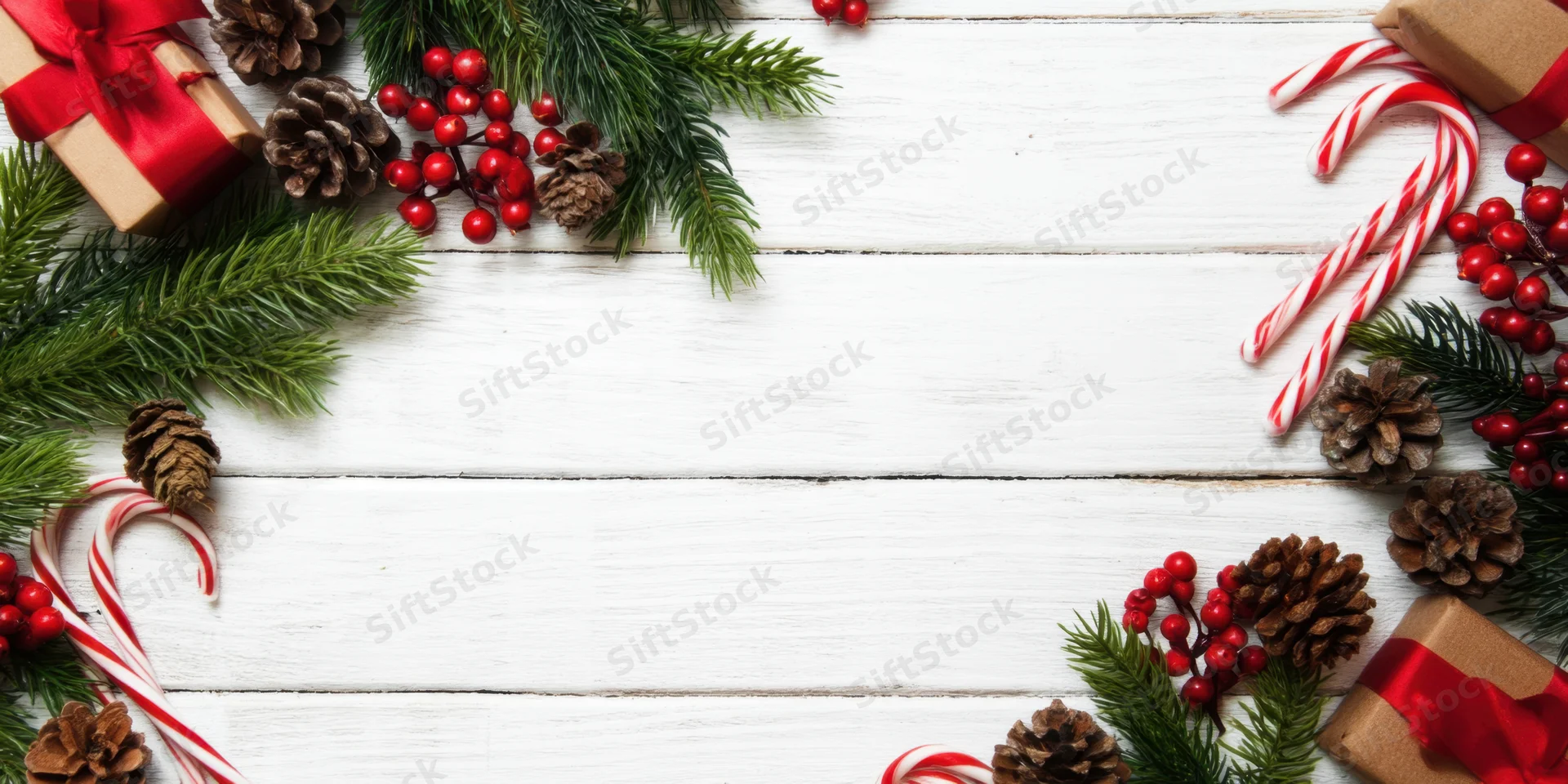 Christmas decorations arranged in a border on a white wooden surface with copyspace in the center