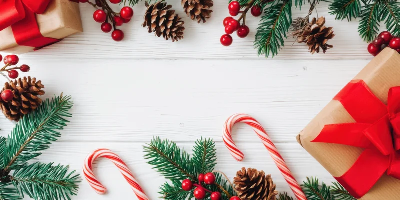 Christmas flat lay with gifts, pine branches, pinecones, berries and candy canes on white wooden surface