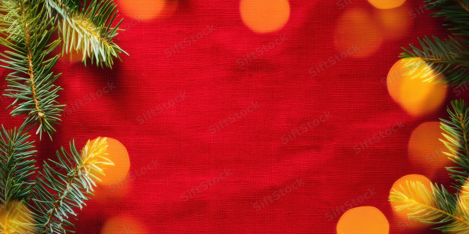 Evergreen branches framing a red textured linen background with warm bokeh lights