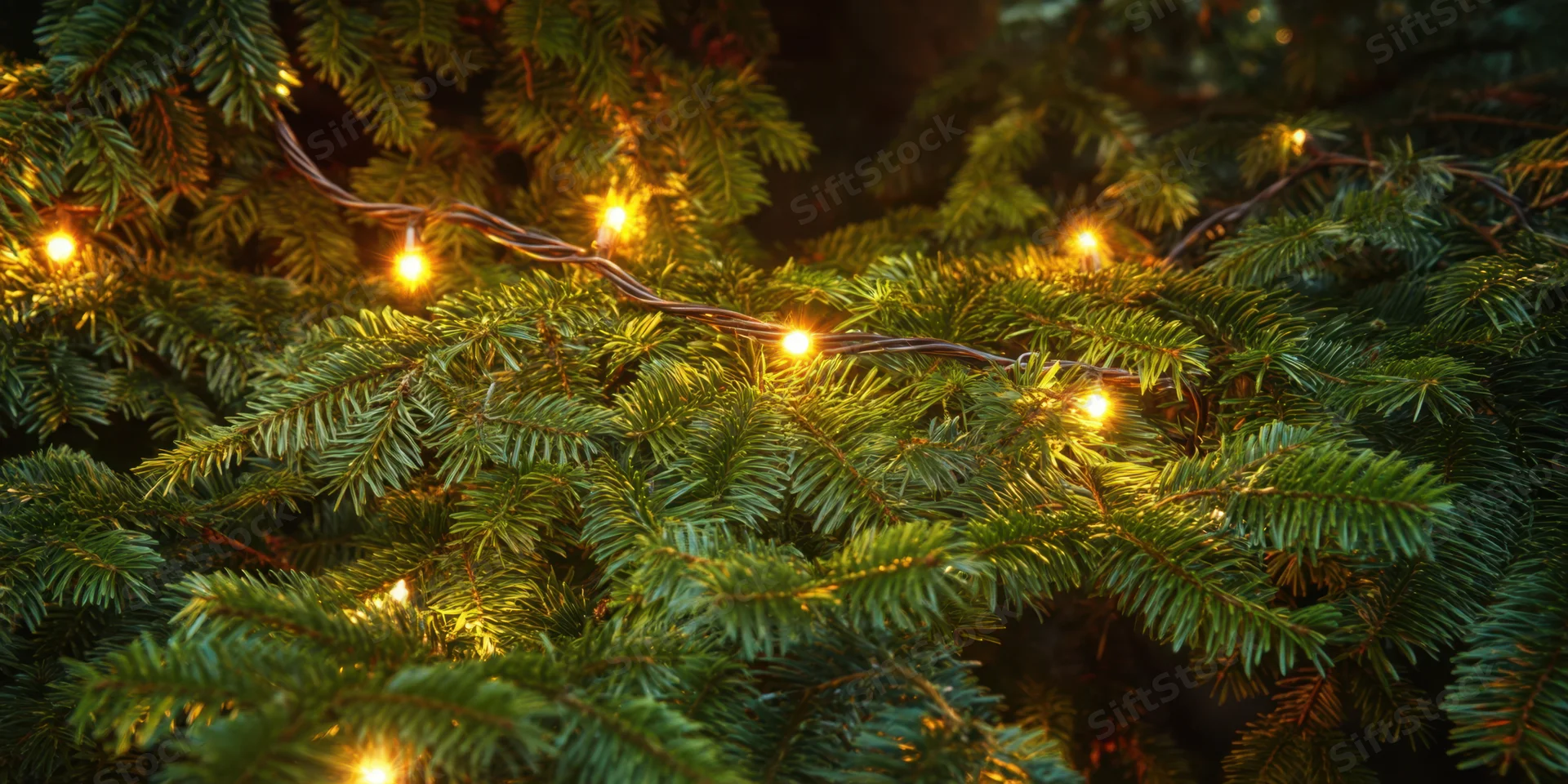 Evergreen tree branch adorned with warm fairy lights for holiday decoration