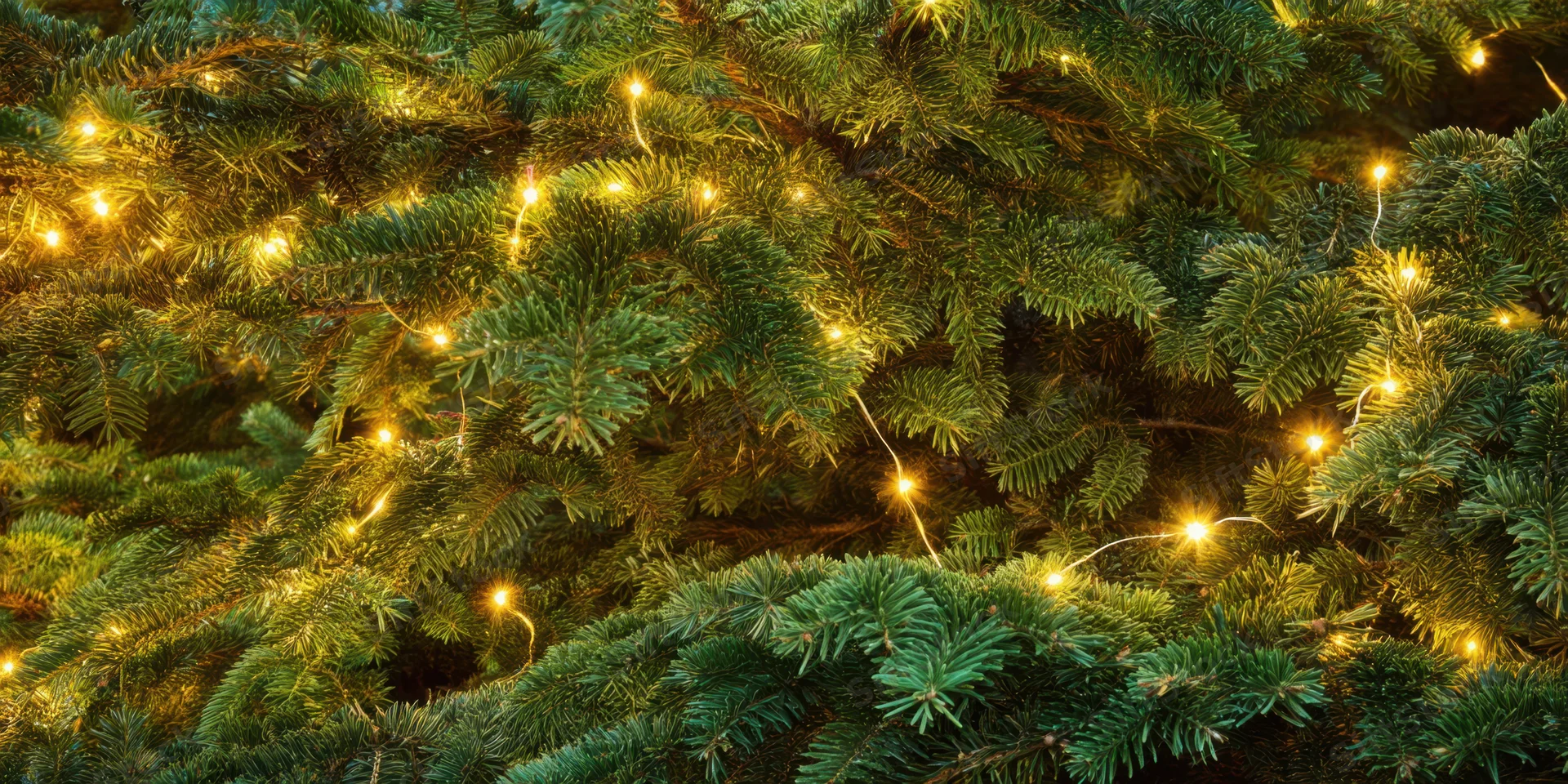Evergreen tree branch adorned with warm fairy lights for christmas decoration
